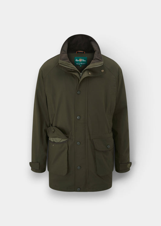 Alan Paine Dunswell waterproof field coat in olive with shooting fit, featuring cartridge pockets and storm cuffs.