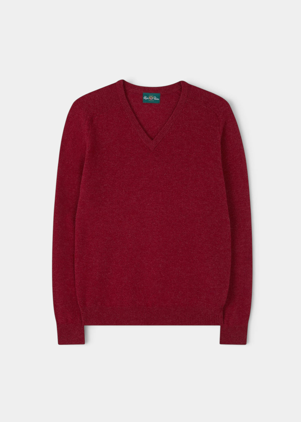 Alan Paine Kilsyth men's V-neck jumper in poppy red, crafted from 100% soft lambswool with a regular fit.