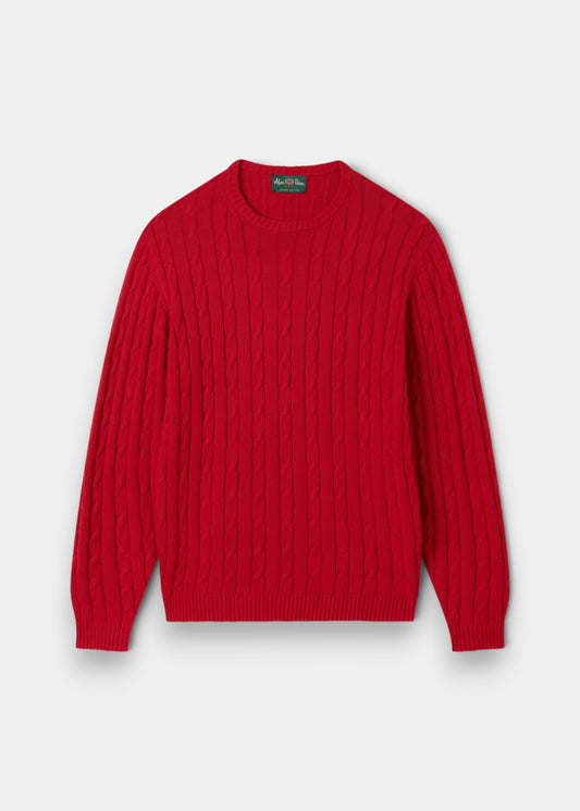 Alan Paine Honley red cable knit crew neck jumper made from a soft Pima cotton and cashmere blend.