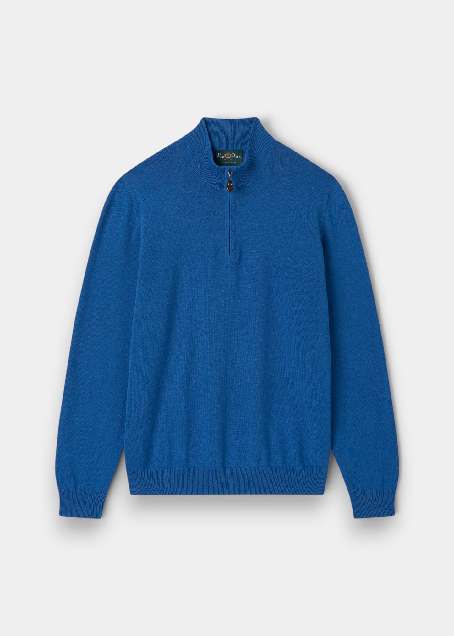 Alan Paine Selhurst regatta blue quarter zip jumper in a soft Pima cotton and cashmere blend with ribbed trim.