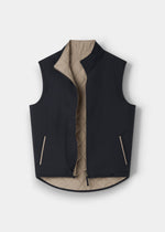 Alan Paine Swifthall reversible city gilet in navy and beige polyester with a quilted interior and zip closure.