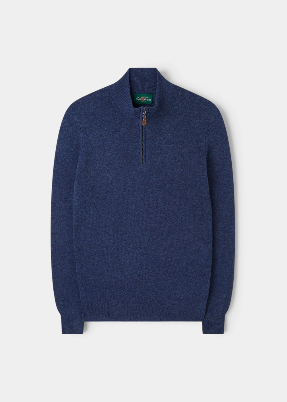 Alan Paine Sutherland lambswool quarter zip jumper in rhapsody blue with a leather zip pull and ribbed cuffs.