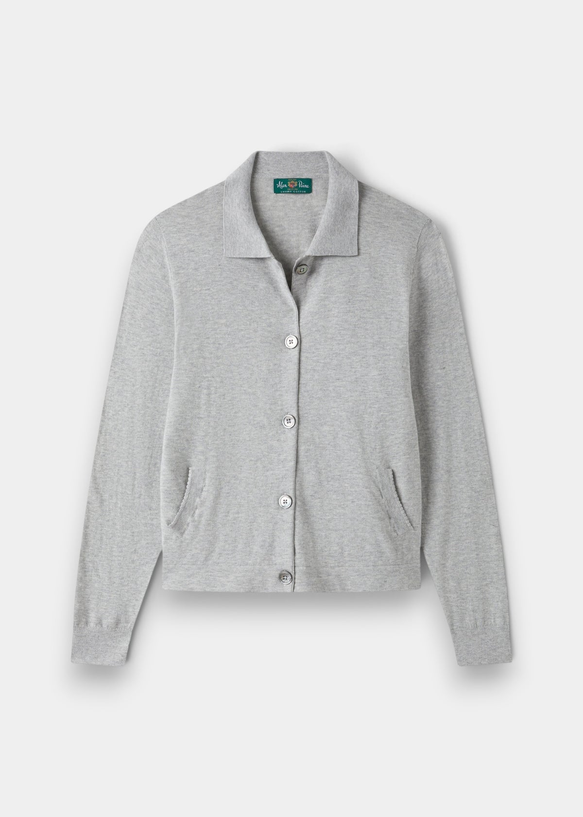 Alan Paine Rosa ladies cardigan in dove grey, crafted from a soft pima cotton and cashmere blend with button front.