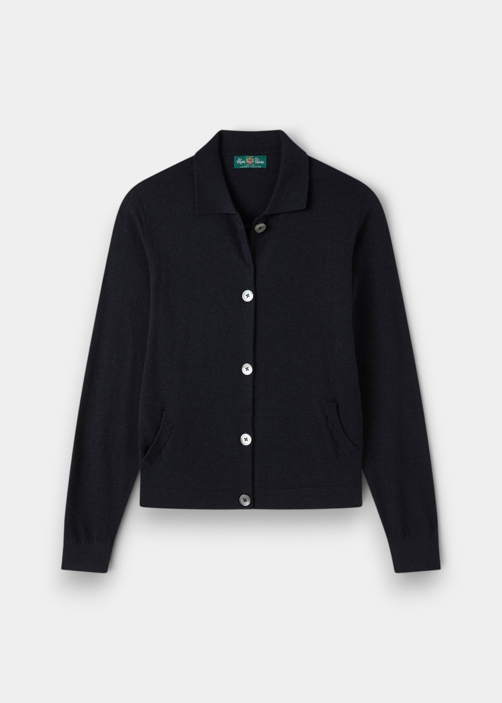 Womens Cardigan in dark navy knit with button front and notch collar, cotton cashmere blend style