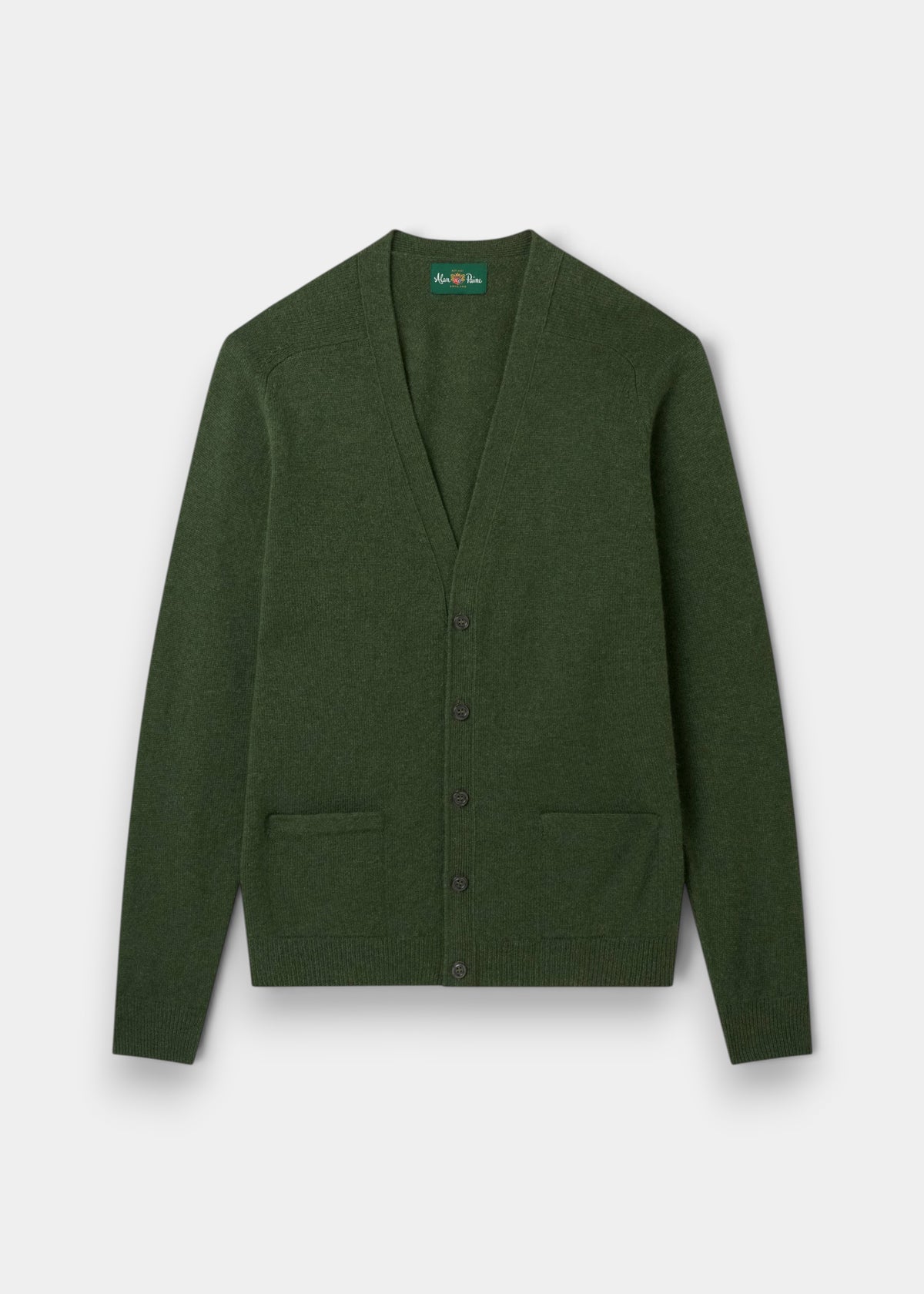 Cornwall Lambswool V-Neck Cardigan in Rosemary, classic fit, long sleeves, 2 pockets—shown flat on white.