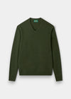 Alan Paine rosemary green V-neck jumper in soft lambswool with a classic fit, saddle shoulders, and ribbed trim.