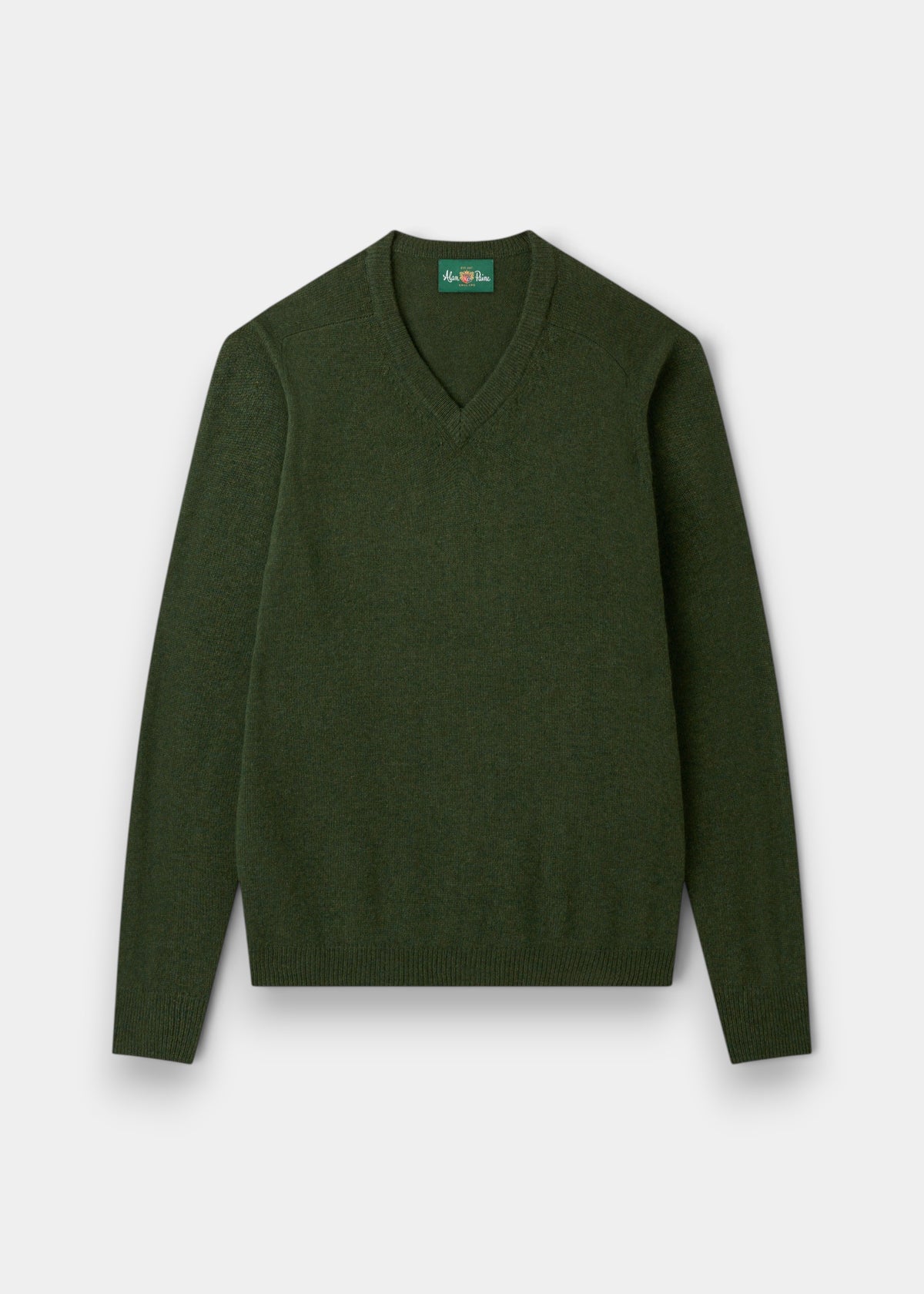 Alan Paine Kilsyth men's V-neck jumper in rosemary green lambswool with ribbed cuffs and hem