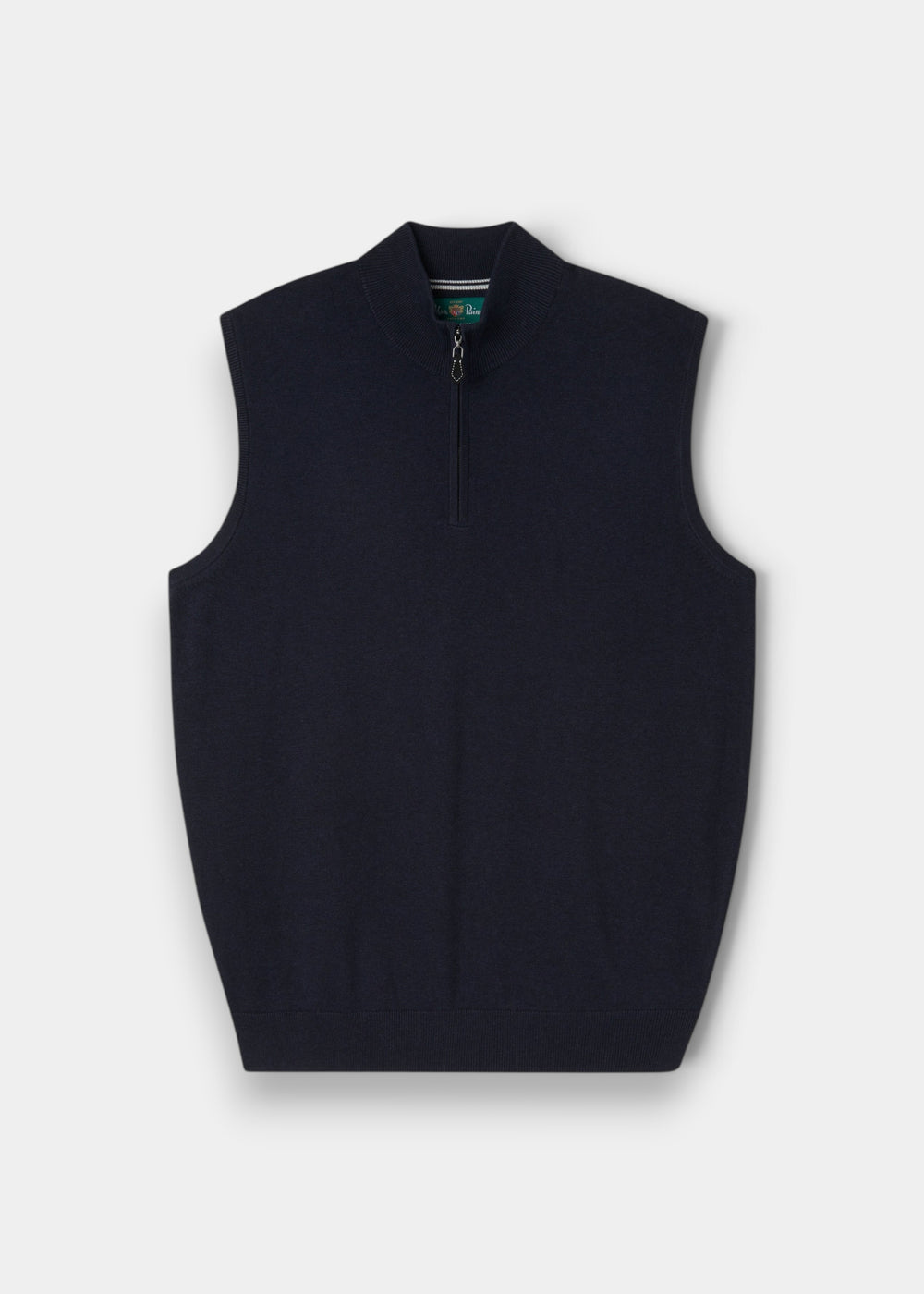 Alan Paine Rowley men's dark navy 1/4 zip gilet in a soft cotton cashmere blend with a ribbed collar and hem.