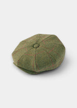 Alan Paine Combrook men's sage green wool tweed bakerboy cap with a subtle red check pattern and structured design.