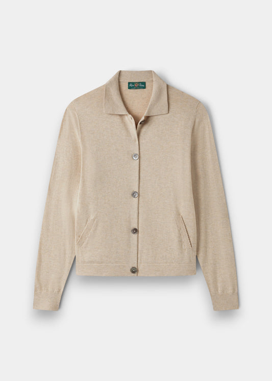 Alan Paine Rosa ladies cardigan in sand, crafted from a soft cotton cashmere blend with a classic collar and buttons.