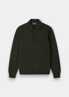 Alan Paine Bilsdean men's long sleeve polo in seaweed green lambswool with a classic collar and saddle shoulders.
