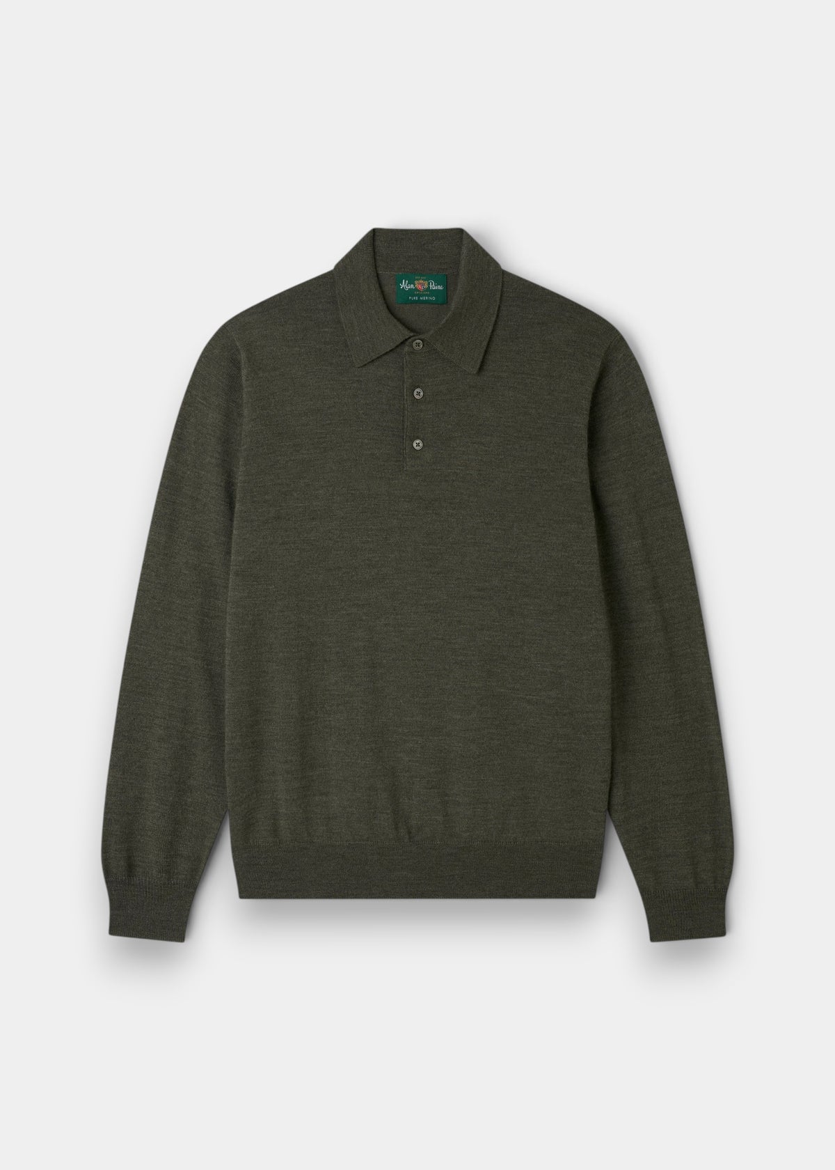 Hindhead Men’s Merino Wool Polo Shirt in Seaweed, regular fit, with long sleeves and three buttons, shown flat.