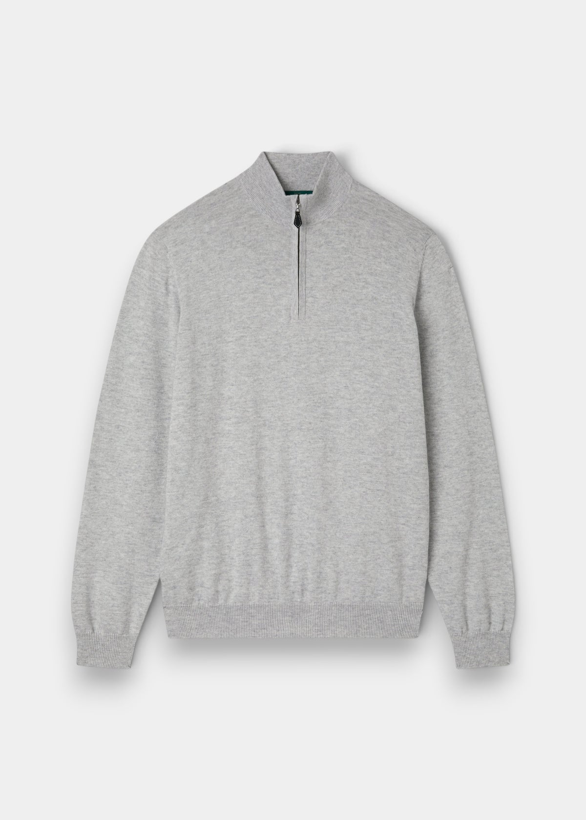 Alan Paine Selhurst dove grey quarter zip jumper in a soft Pima cotton and cashmere blend with ribbed cuffs and hem.
