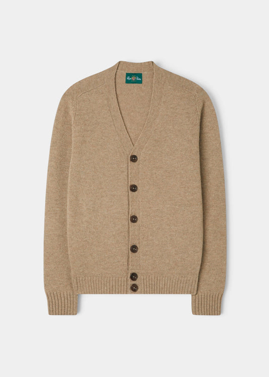 Kinloch Supersoft Shetland Wool V-Neck Cardigan in Pale Oak, regular fit, with long sleeves and five dark front buttons.