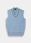 Alan Paine Chadbury cable knit cricket slipover in steel blue cotton with V-neck and striped ribbed trim.