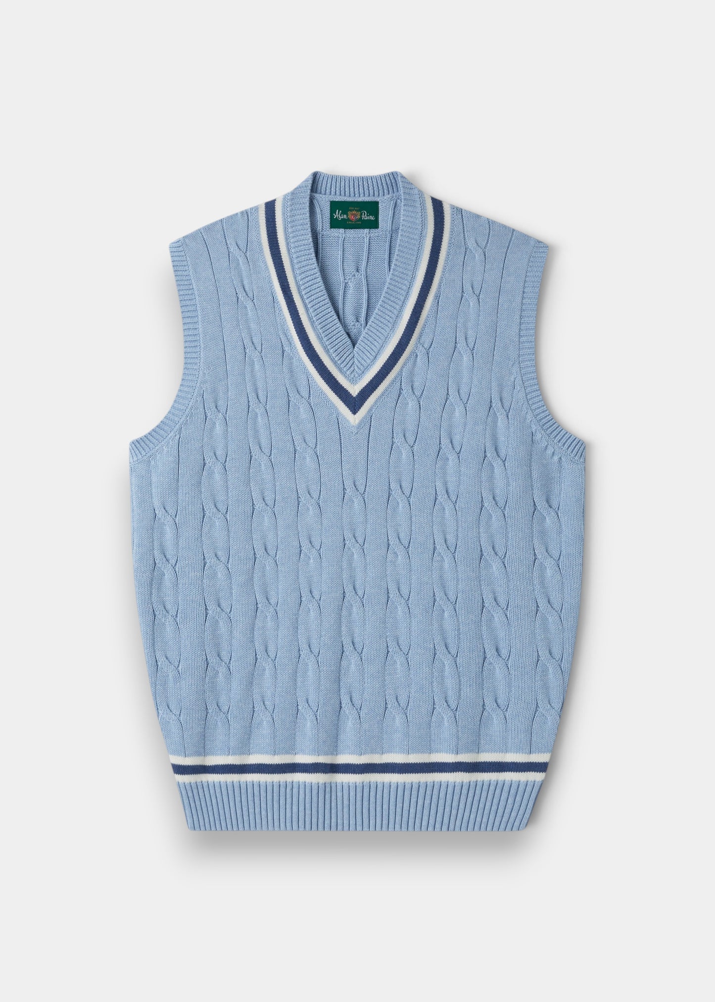 Alan Paine Chadbury cable knit cricket slipover in steel blue cotton with V-neck and striped ribbed trim.