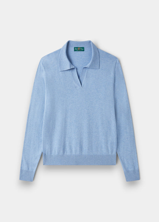 Alan Paine Uma steel blue cotton cashmere jumper with an open placket collar and long sleeves.