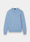 Alan Paine steel blue crew neck jumper in a soft blend of Pima cotton, silk, and cashmere with ribbed cuffs and hem.
