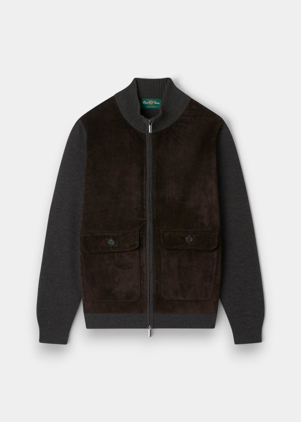 Alan Paine Oakmoore dark brown zip-through jumper with a real suede front panel and fine Italian Merino wool sleeves.