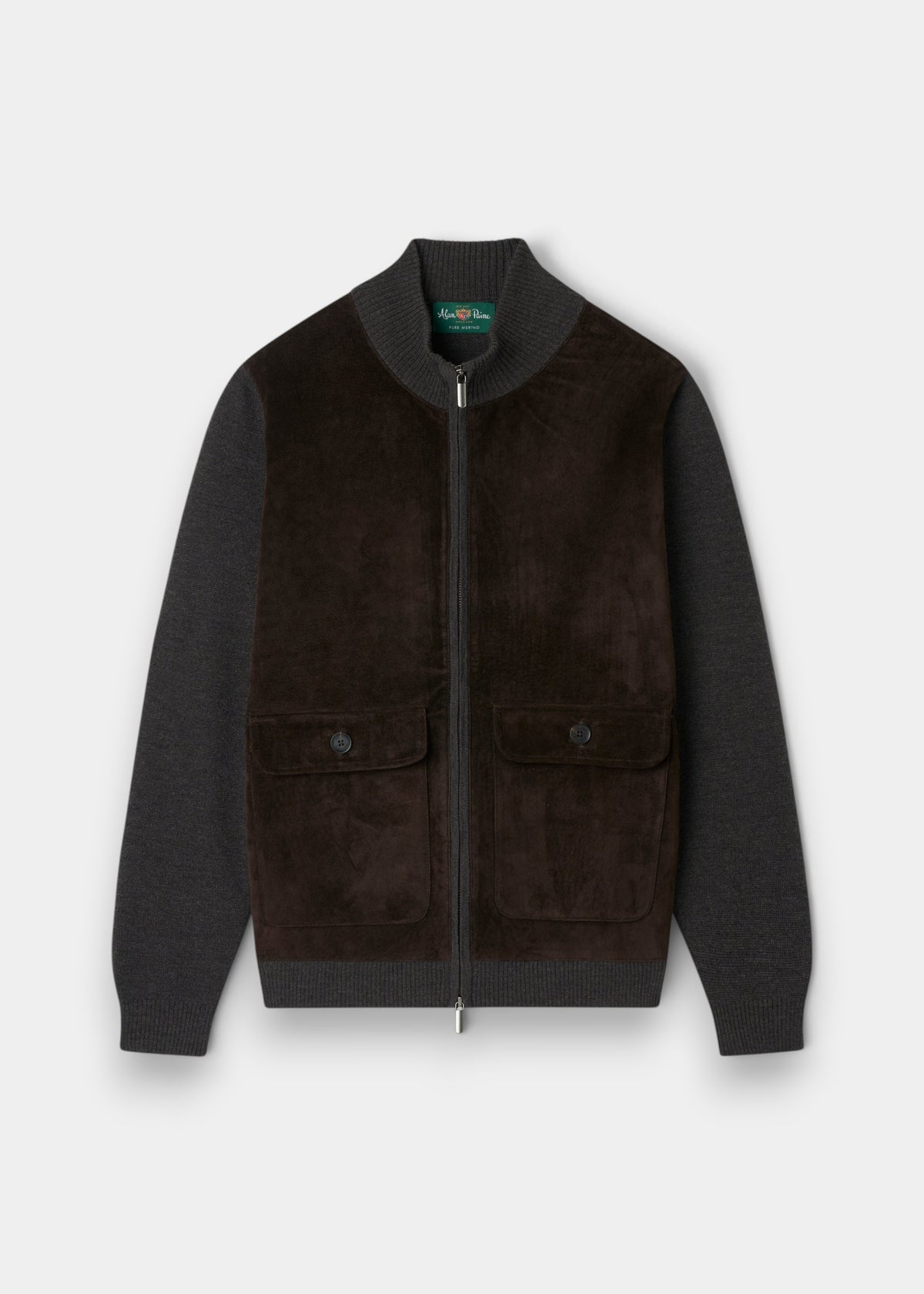 Alan Paine Oakmoore dark brown zip-through jumper with a real suede front panel and fine Italian Merino wool sleeves.