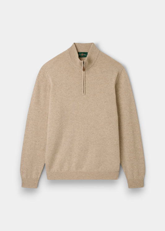 Alan Paine Sutherland lambswool quarter zip jumper in linen beige with a leather zip pull and ribbed hem and cuffs.