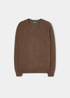 Alan Paine tobacco brown V-neck jumper in soft lambswool with a regular fit and ribbed cuffs.