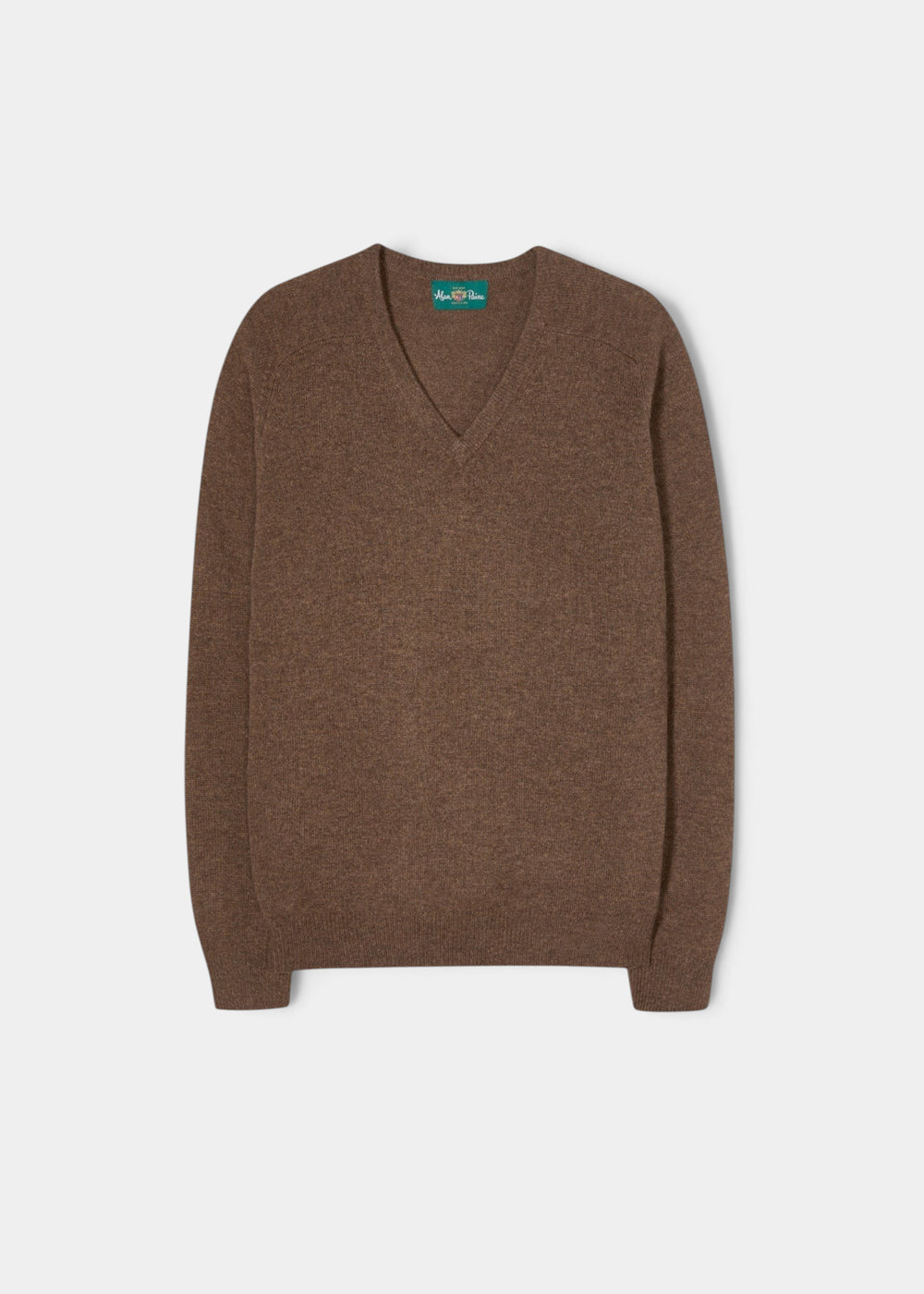 Alan Paine tobacco brown V-neck jumper in soft lambswool with a regular fit and ribbed cuffs.