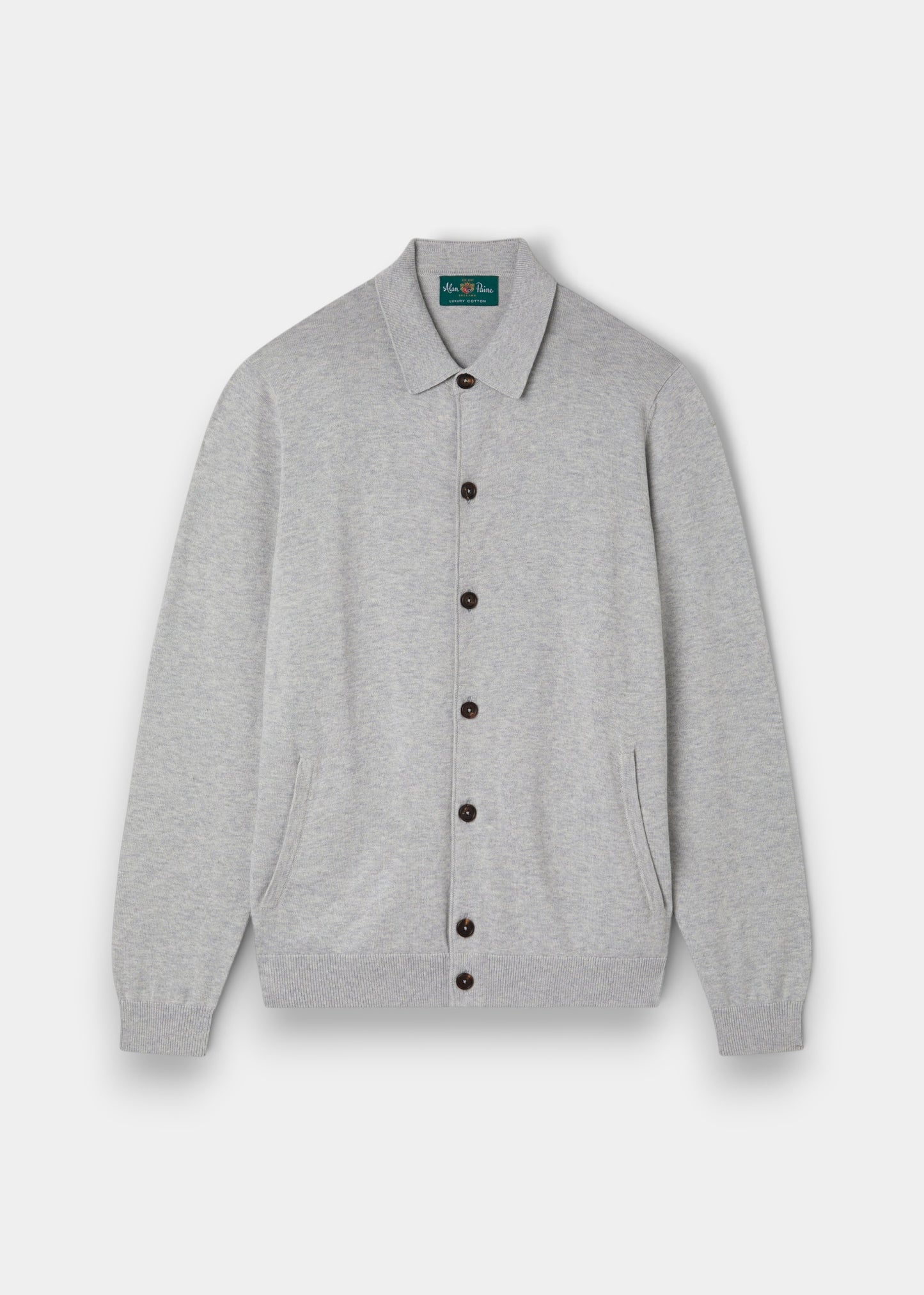 Alan Paine Tyneham men's button-through shirt in dove grey, crafted from a soft pima cotton and cashmere knit blend.