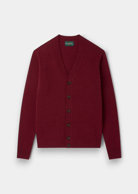 Alan Paine Kinloch men's Shetland wool cardigan in Venetian red with a V-neck and button-front closure.
