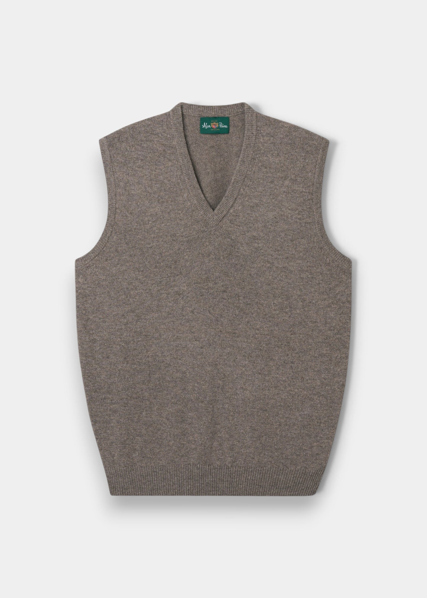 Alan Paine Norfolk men's V-neck slipover in vole brown lambswool with a classic fit and ribbed hem.