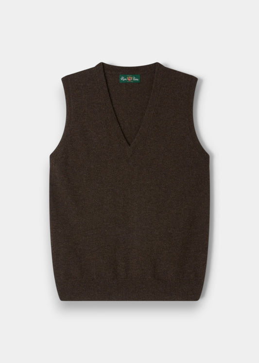 Alan Paine Erin luxury walnut brown wool and cashmere V-neck tank top vest with a soft knit texture.