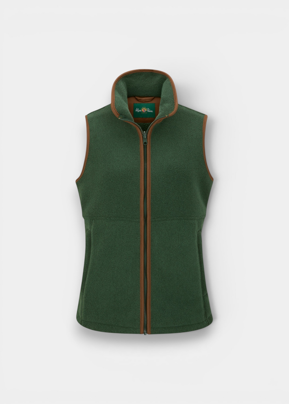 Alan Paine Aylsham ladies fleece gilet in evergreen with mock suede trim, front zipper, and two zipped pockets.