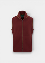 Alan Paine Aylsham men's bordeaux fleece gilet with mock suede trim, front zipper, and regular fit design.