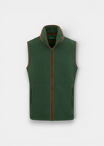 Alan Paine Aylsham men's evergreen fleece gilet with mock suede trim, front zipper, and two zipped pockets.