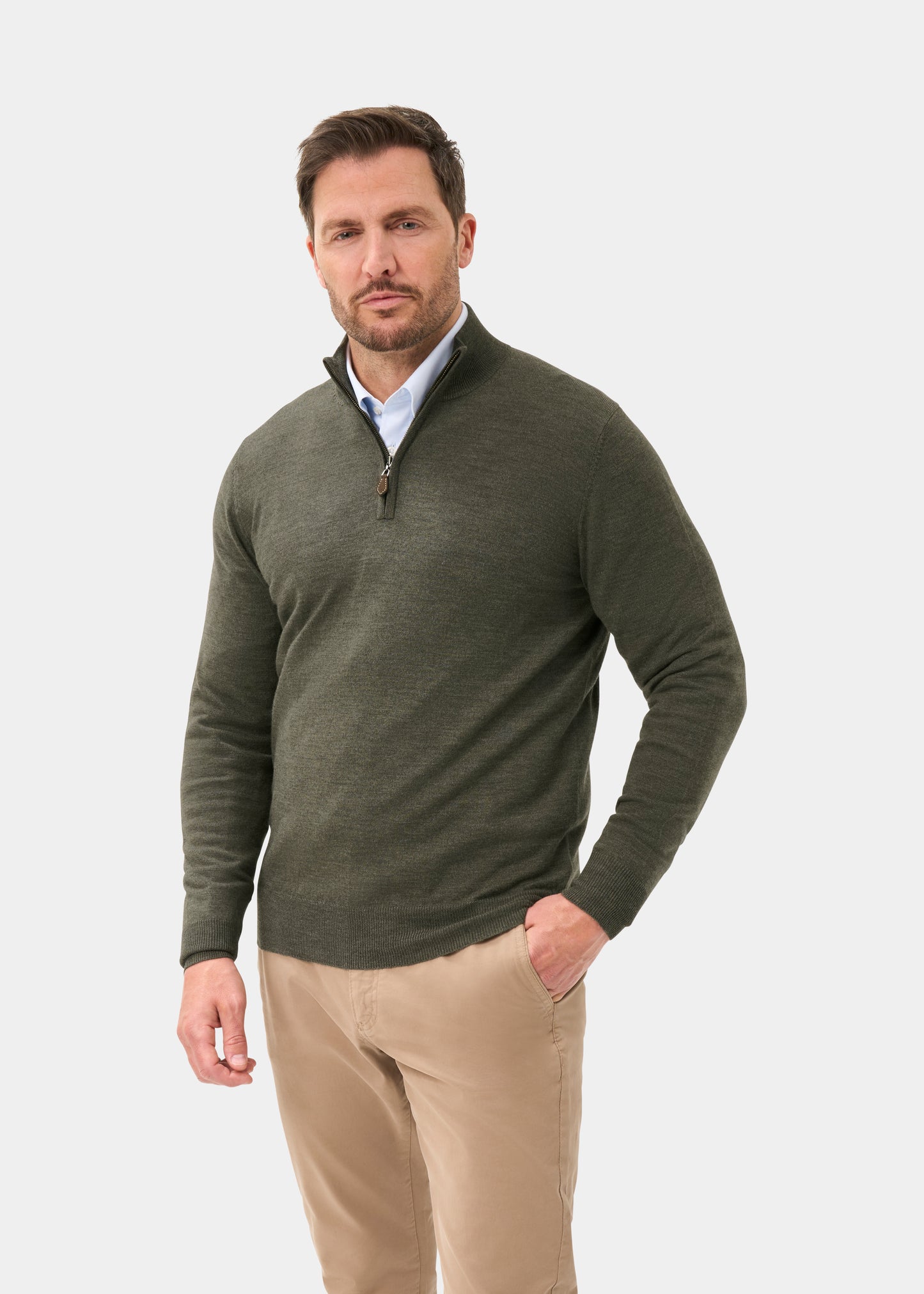 Men's Merino Wool Quarter Zip Neck Jumper in Seaweed