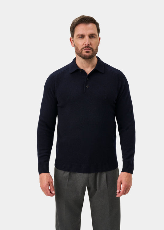 Bilsdean Men's Lambswool Long Sleeve Polo In Navy - Regular Fit