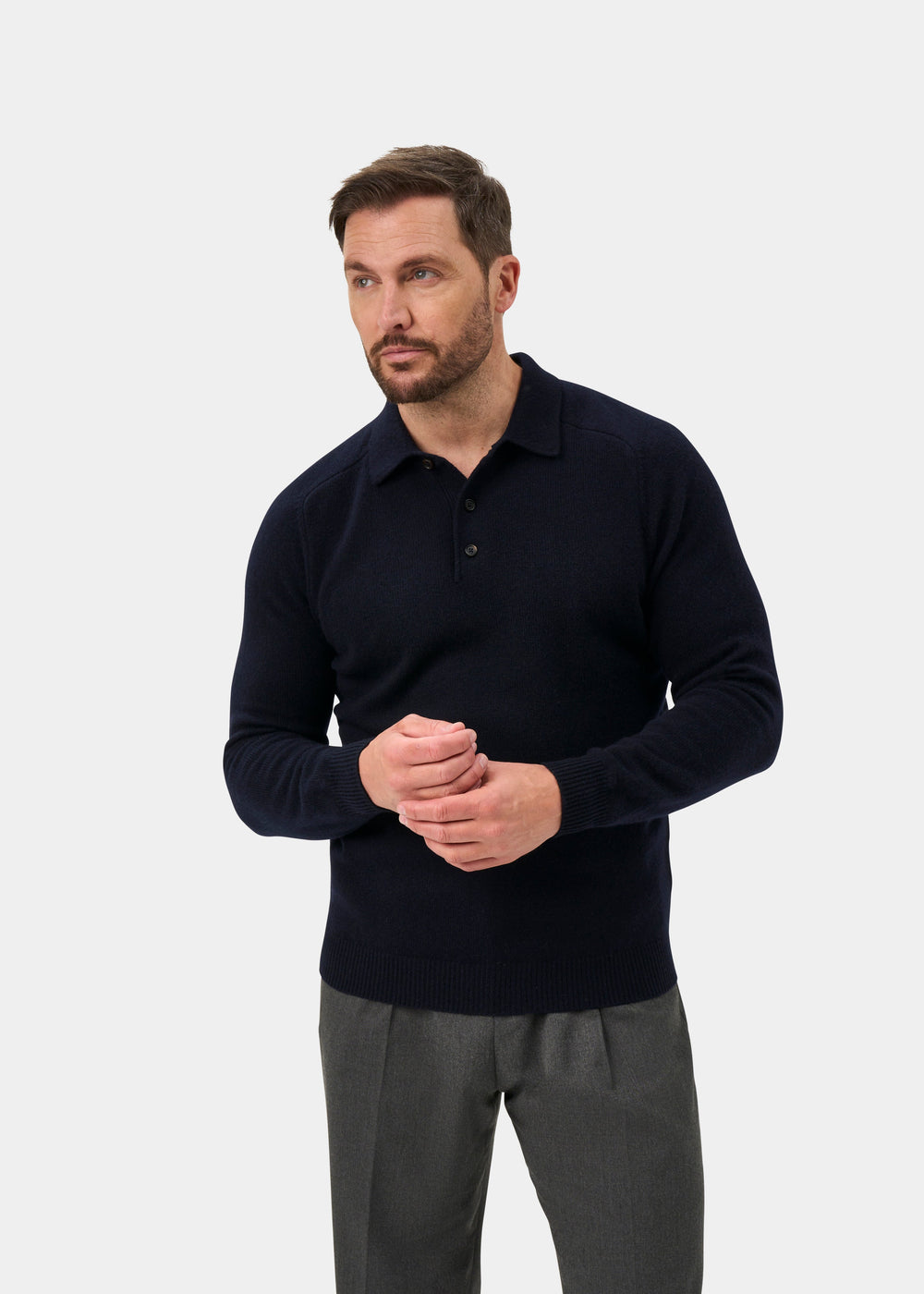 Bilsdean Men's Lambswool Long Sleeve Polo In Navy - Regular Fit