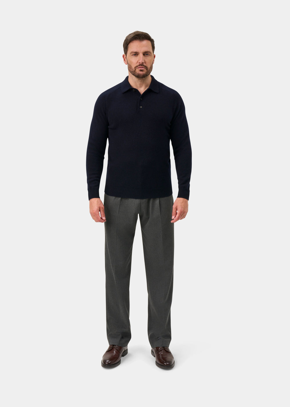 Bilsdean Men's Lambswool Long Sleeve Polo In Navy - Regular Fit