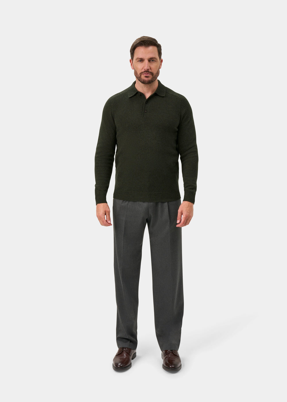 Bilsdean Men's Lambswool Long Sleeve Polo In Seaweed - Regular Fit