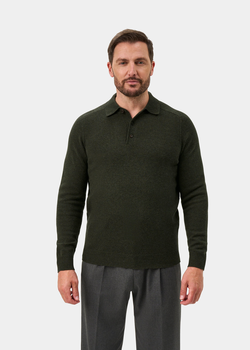 Bilsdean Men's Lambswool Long Sleeve Polo In Seaweed - Regular Fit