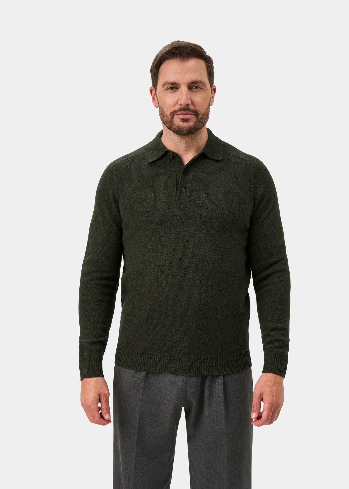 Bilsdean Men's Lambswool Long Sleeve Polo In Seaweed - Regular Fit