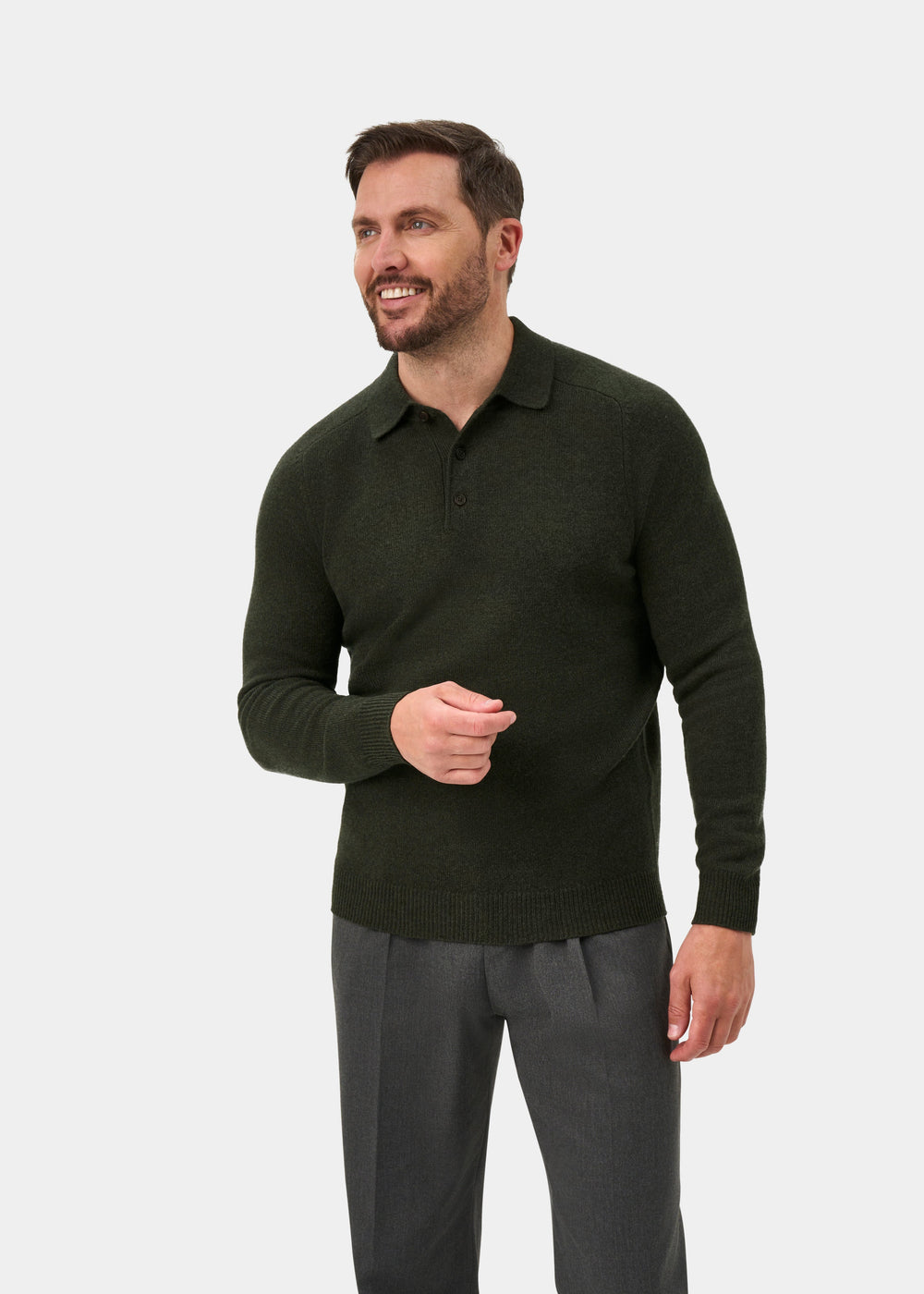 Bilsdean Men's Lambswool Long Sleeve Polo In Seaweed - Regular Fit