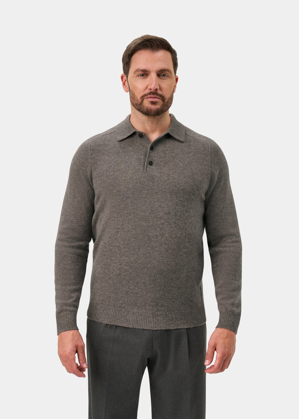 Bilsdean Men's Lambswool Long Sleeve Polo In Vole - Regular Fit