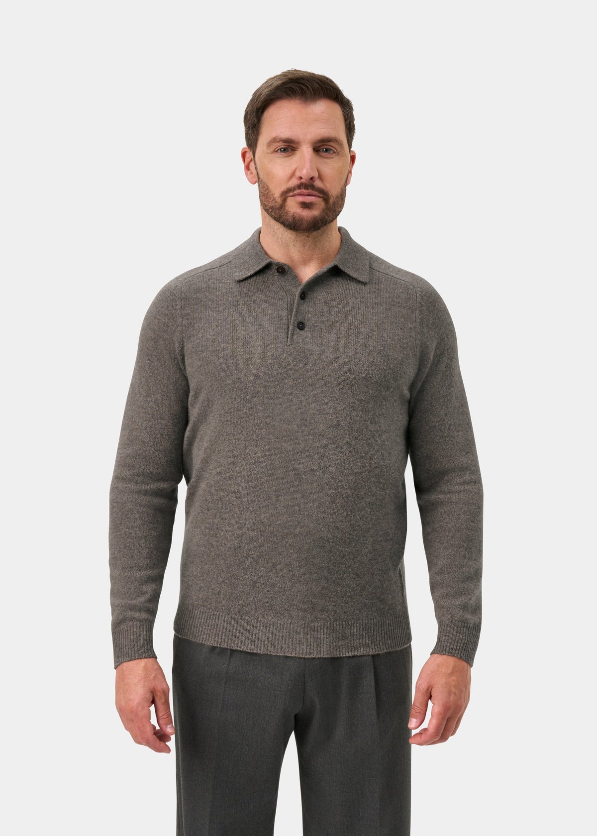 Bilsdean Men's Lambswool Long Sleeve Polo In Vole - Regular Fit