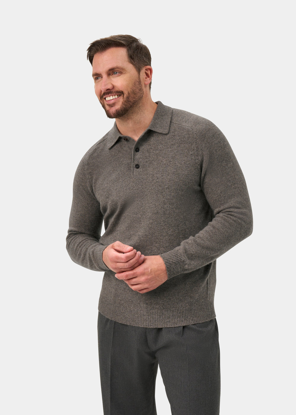 Bilsdean Men's Lambswool Long Sleeve Polo In Vole - Regular Fit