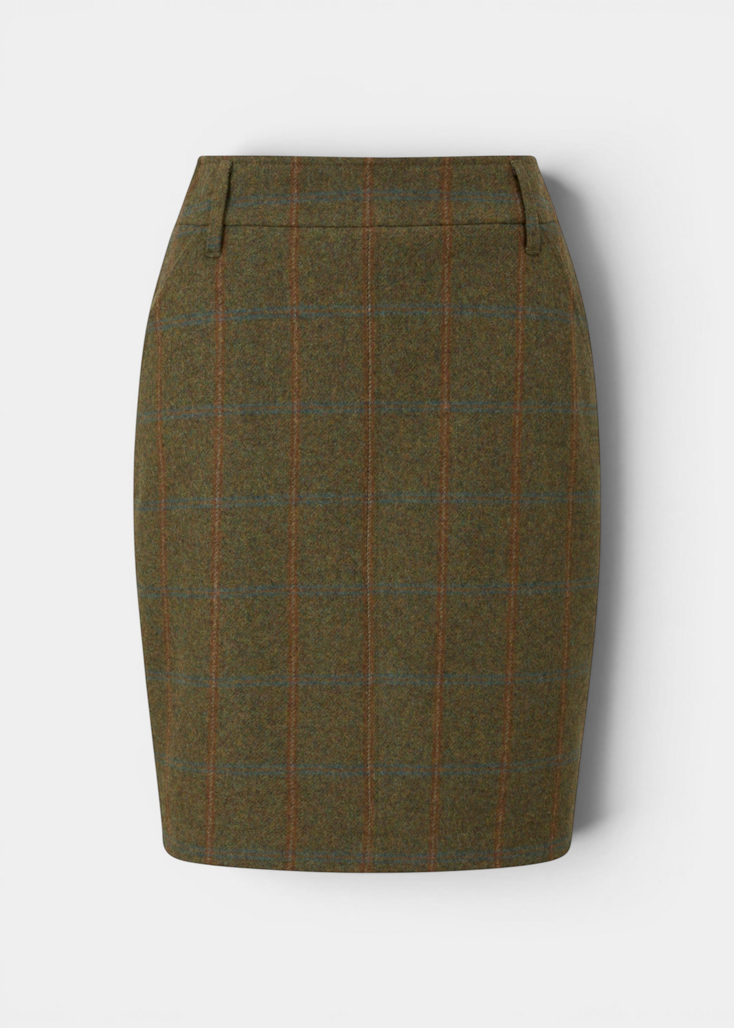 Alan Paine Combrook ladies willow green wool tweed skirt with a water repellent finish and subtle check pattern.