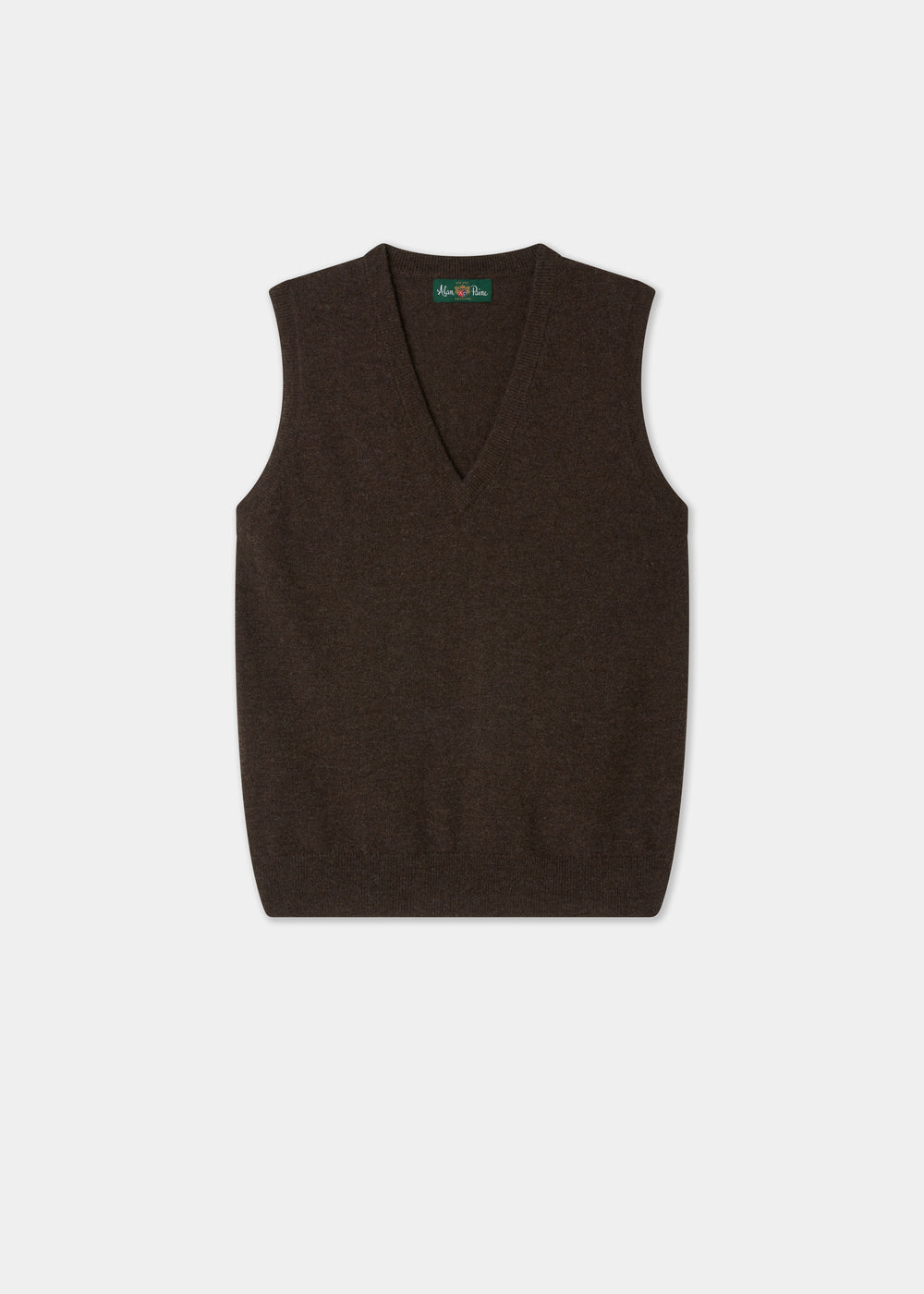 A dark brown knit sweater vest with a V-neckline, displayed flat against a light gray background.