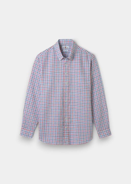 Fleetwood Men's Blue and Orange Check Linen Shirt - Classic Fit