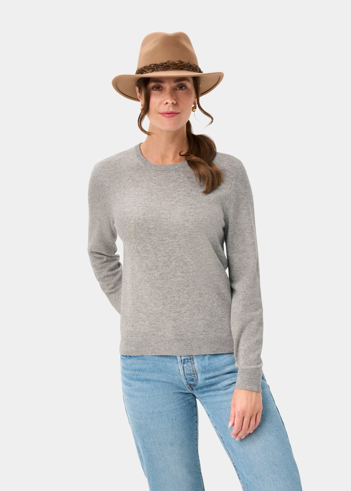Woman models the Ivy Wool & Cashmere Crew Neck Jumper In Husky against a white background.