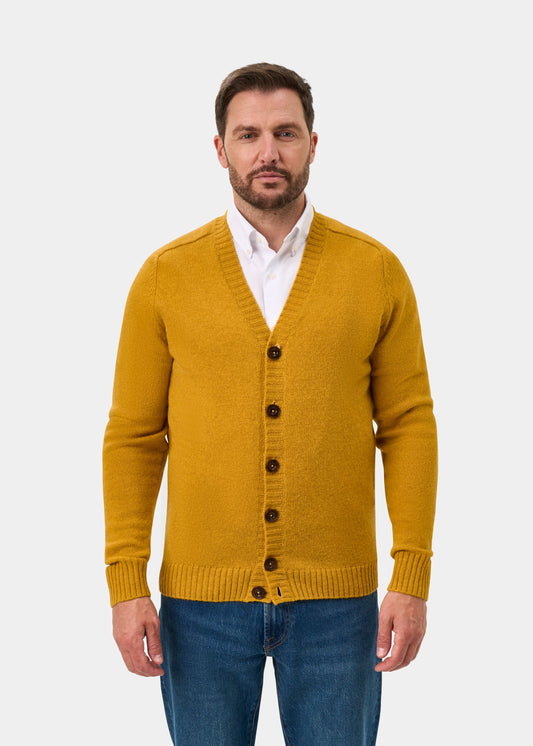 Kinloch Supersoft Shetland Wool Vee Neck Cardigan In Old Gold